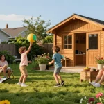 Familie im Garten mit einem schönen Gartenhaus, während sie gemütlich im Außenbereich entspannen und spielen, Gartenhaus kaufen im Fokus.