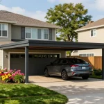 Moderner Carport im Wohnbereich mit Familienaktivitäten im Freien.