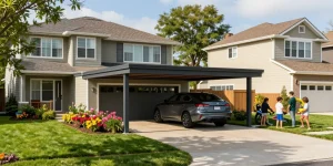 Moderner Carport im Wohnbereich mit Familienaktivitäten im Freien.