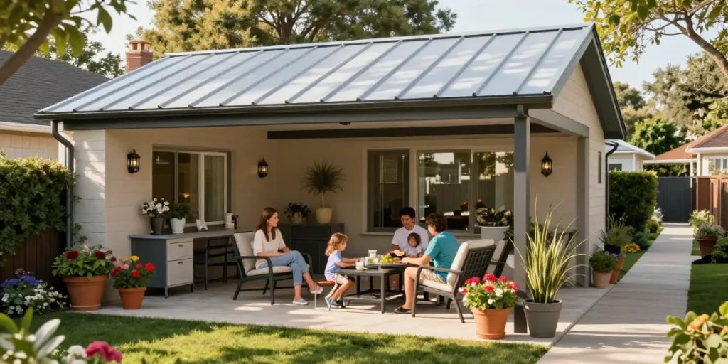 Terrassenüberdachungen in einem modernen Garten mit einer Familie, die eine entspannte Zeit im Freien verbringt.