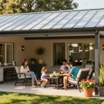 Terrassenüberdachungen in einem modernen Garten mit einer Familie, die eine entspannte Zeit im Freien verbringt.
