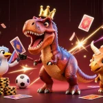 Socolive trực tiếp bóng đá presents a vibrant scene of cartoon dinosaurs engaging in sports betting with dynamic elements.
