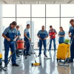 Die gebäudereinigung berlin zeigt ein Reinigungsteam, das in einem modernen Büro arbeitet.