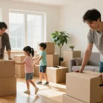 Umzugsunternehmen Bruchsal: Familie packt Umzugskisten in hellem Wohnzimmer, fröhliche Atmosphäre.