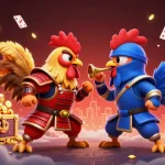 rr88sn showcases exciting twin roosters in combat over gold and gems amidst a dynamic casino backdrop.