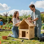 Gartenhäuser im Aufbau mit einer Familie im Garten, umgeben von Blumen und Spielzeug.