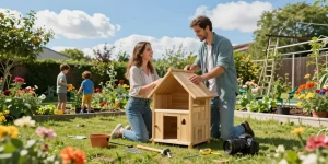 Gartenhäuser im Aufbau mit einer Familie im Garten, umgeben von Blumen und Spielzeug.