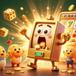 Engage with Sun Win in a vibrant winning experience as a golden slot machine hits a jackpot surrounded by cheering characters.