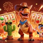Zoccer Casino Bonus Maximieren: 3D Illustration mit Dinosaurier und Spielautomaten für Spieler