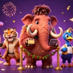 Experience excitement at sunwin with a vibrant illustration of a woolly mammoth checking IDs as lottery balls bounce around.