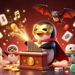Experience the thrill of sunwin with a vibrant illustration of a penguin and bat in an exciting casino scene.