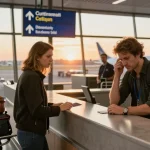 Ein besorgter Reisender an einem europäischen Flughafen, unterstützt von Valken Legal, im Immigration-Counter.