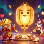 High roller casinos illustration showcasing a golden lantern spirit and vibrant gaming elements.