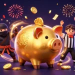 xoilac features an energetic 3D scene with a golden piggy bank sumo wrestler surrounded by lottery elements.