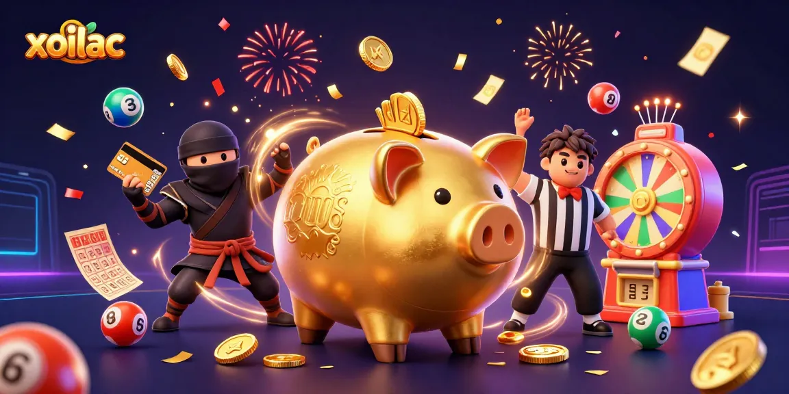 xoilac features an energetic 3D scene with a golden piggy bank sumo wrestler surrounded by lottery elements.